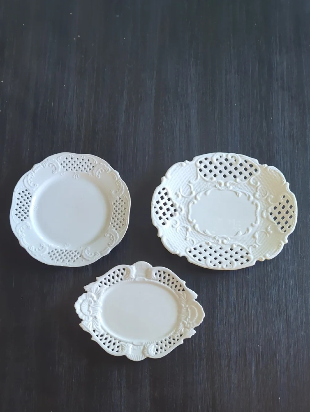 Set Of Three White Ceramic Lattice Plates